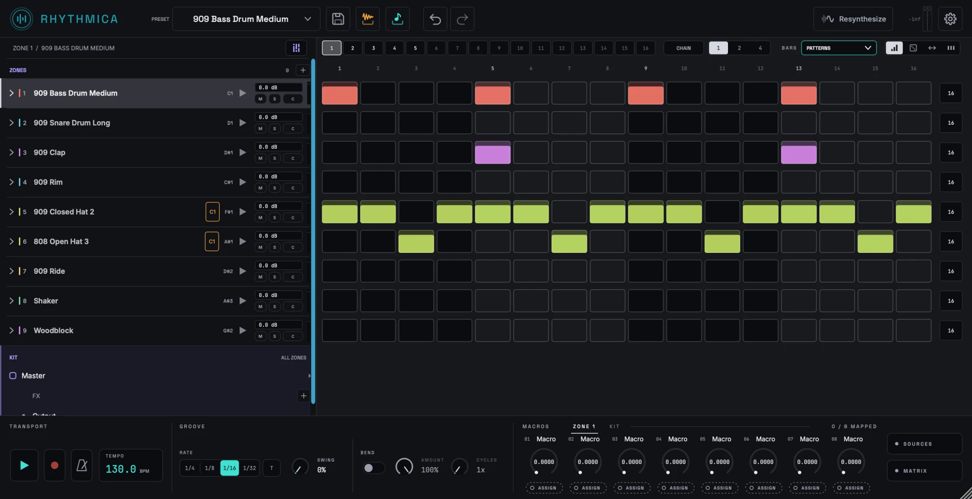 The step grid: a 909 techno pattern across nine zones