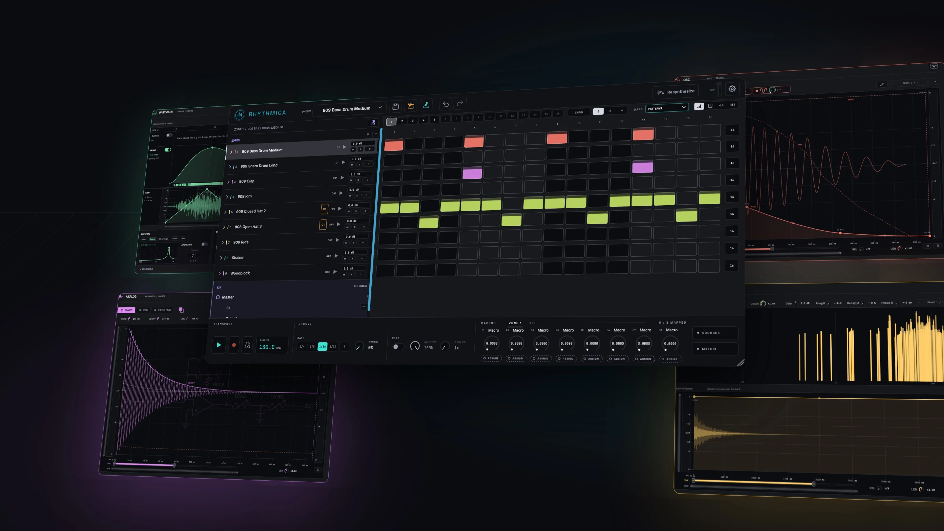 The Rhythmica editor: a 909 kit on the step grid, with an Osc kick, a Partials ride, a Particles shaker and an Analog conga page around it