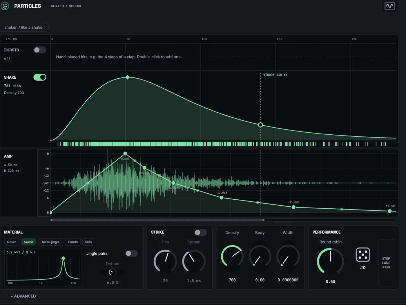 Particles page: a shaker's density curve and hits
